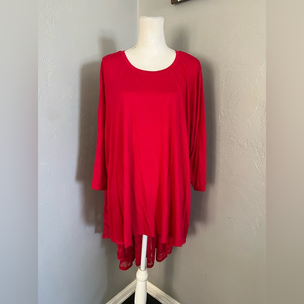 Roaman's Red Asymmetrical 3/4 Sleeve Tunic.   Size 3X
